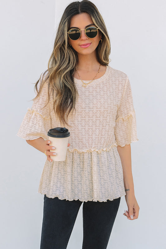 Beige Textured Ruffled Short Sleeve Blouse