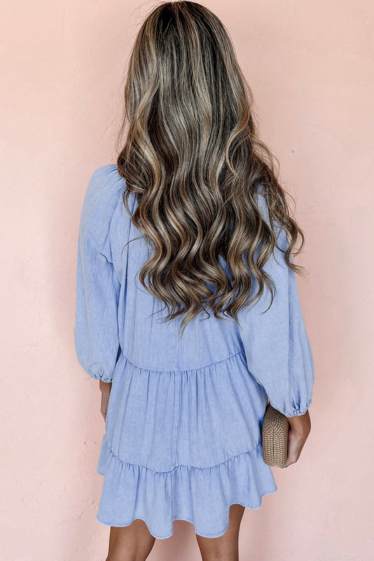 Beau Blue Puff Sleeve V Neck Tiered Ruffled Mini Dress