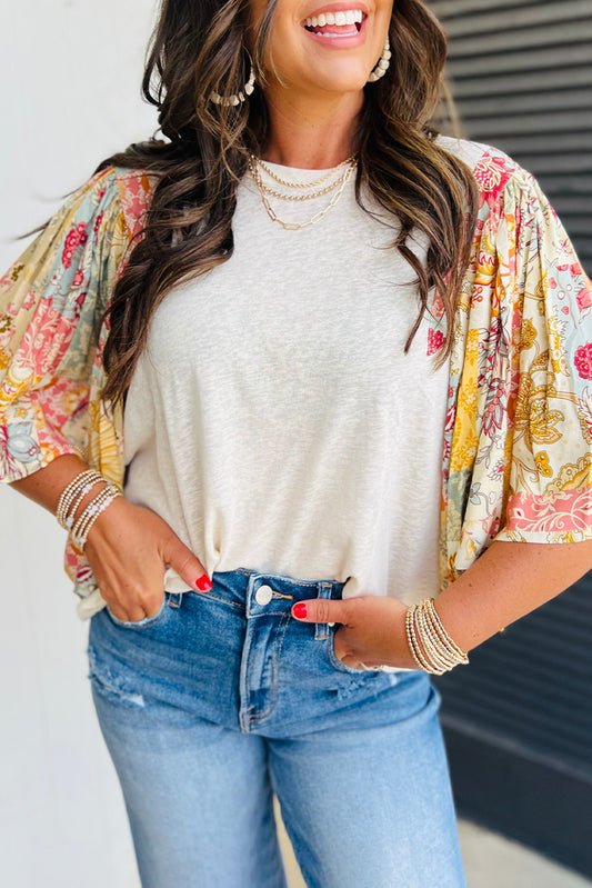Beige Floral Half Batwing Sleeve Blouse