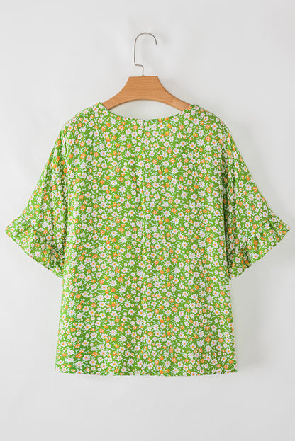 Green Floral Print Ruffled Sleeve V Neck Blouse