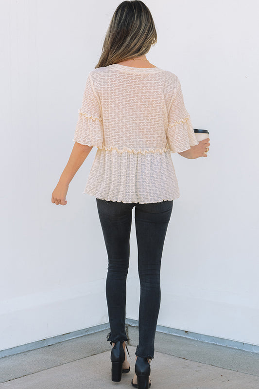 Beige Textured Ruffled Short Sleeve Blouse
