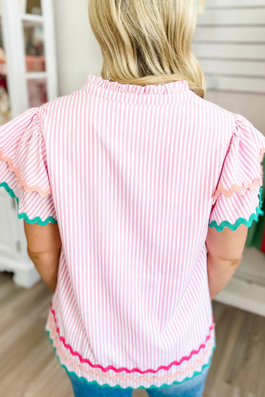 Pink Striped Ricrac Trim Ruffled Sleeve Blouse