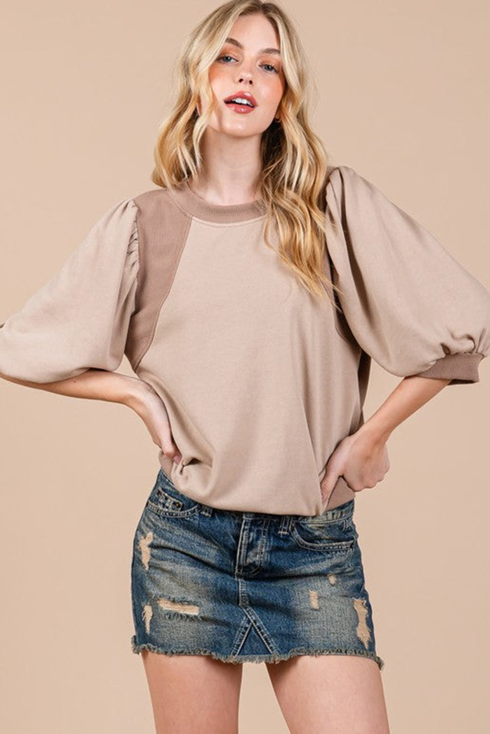 Beige Goat Half Lantern Sleeve Top