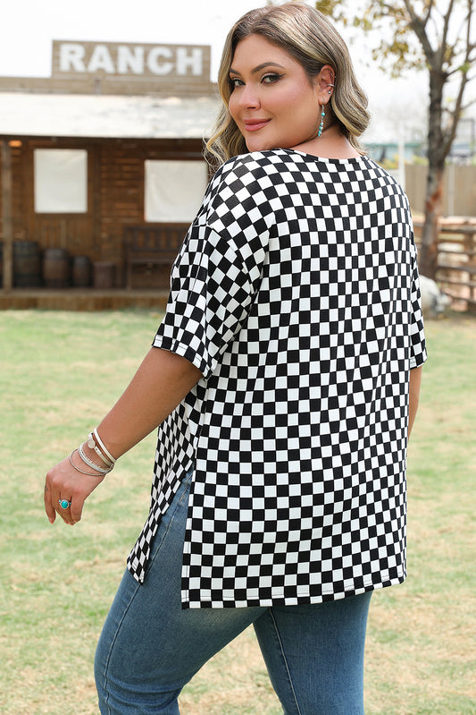 Black Checkered Print Side Slits Curvy Size Blouse