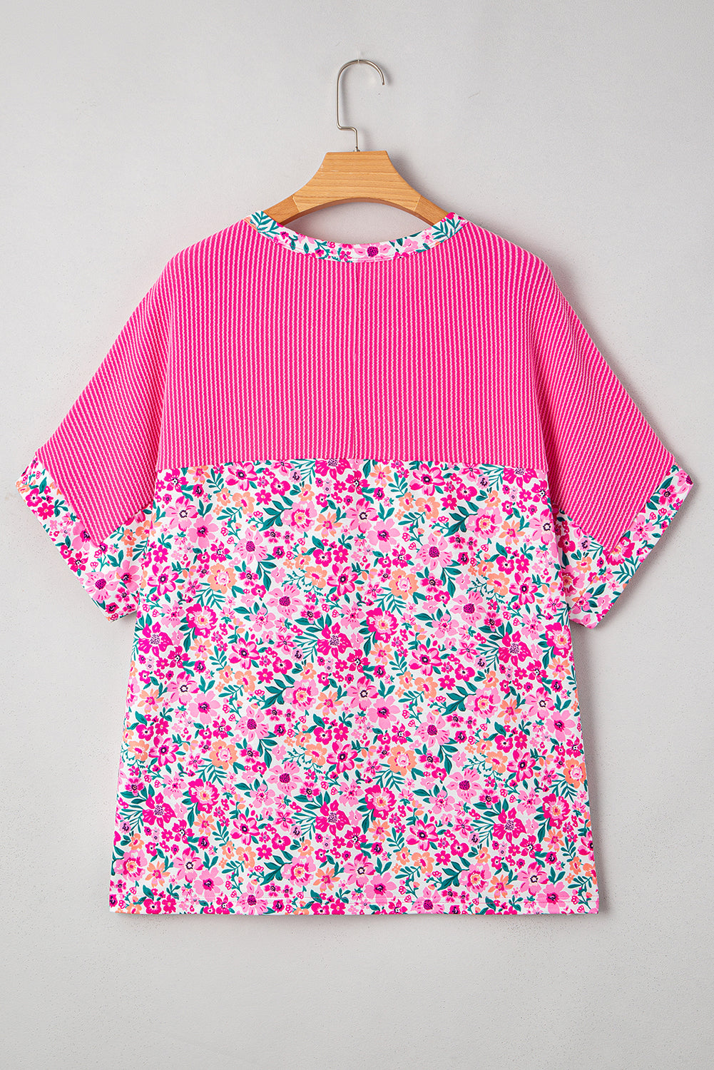 Pink Curvy Size Floral Print Corded Patchwork Loose Top