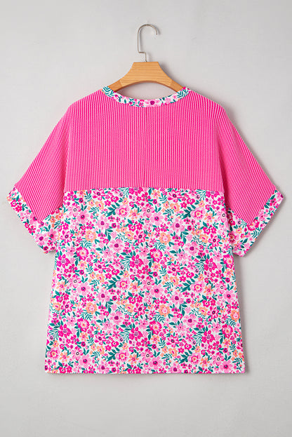 Pink Curvy Size Floral Print Corded Patchwork Loose Top