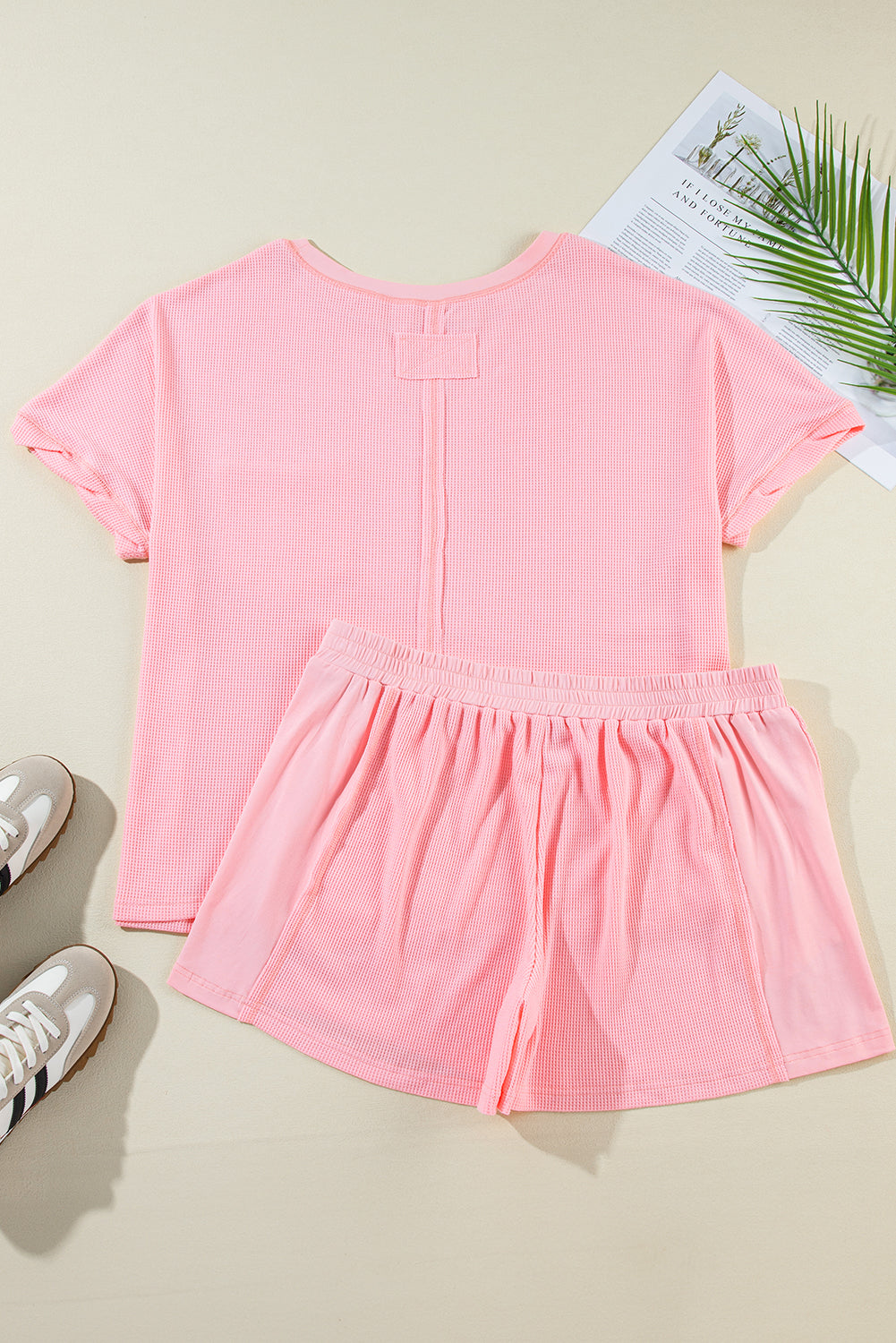 Pink Curvy Size Ribbed Exposed Seam Tee and Shorts Set