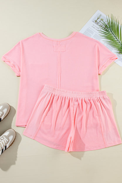 Pink Curvy Size Ribbed Exposed Seam Tee and Shorts Set
