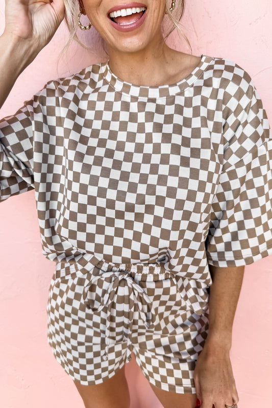 Brown Checkered Top and Short Casual Set