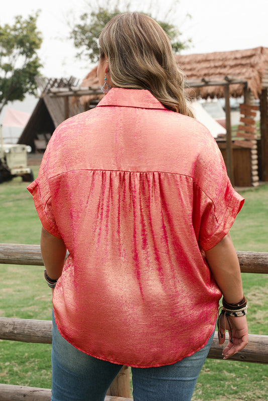 Rose Red Curvy Size Metallic Sheen Button Up Blouse