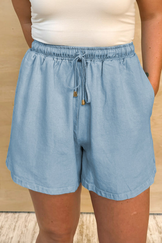 Blue Washed Chambray Drawstring Elastic Waist Curvy Size Shorts