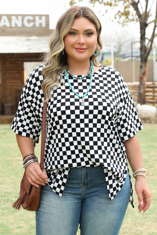 Black Checkered Print Side Slits Curvy Size Blouse