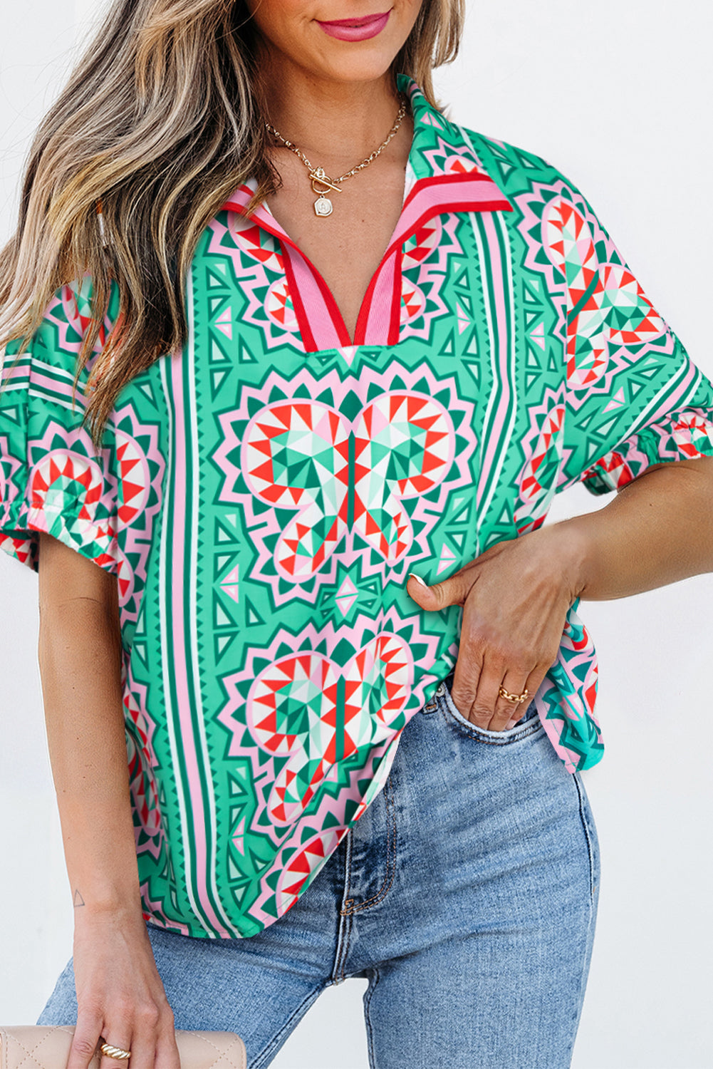Sea Green Boho Striped Collared V Neck Blouse