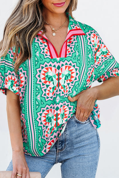 Sea Green Boho Striped Collared V Neck Blouse