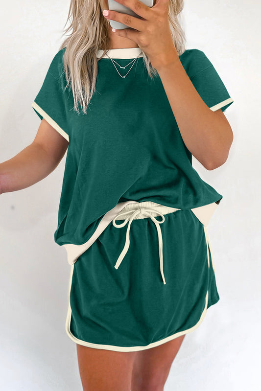 Evergreen Colorblock Edge Drop Shoulder Tee and Skort Set