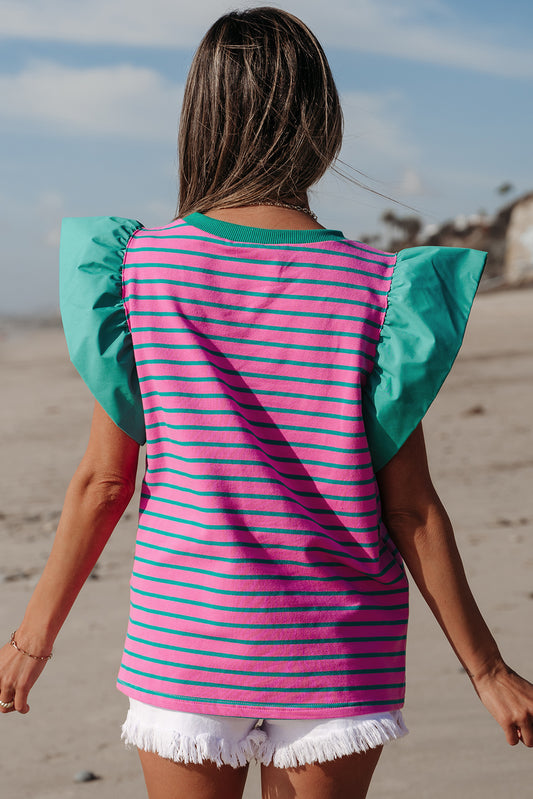 Pink Turqouise Striped Ruffled Sleeve Blouse