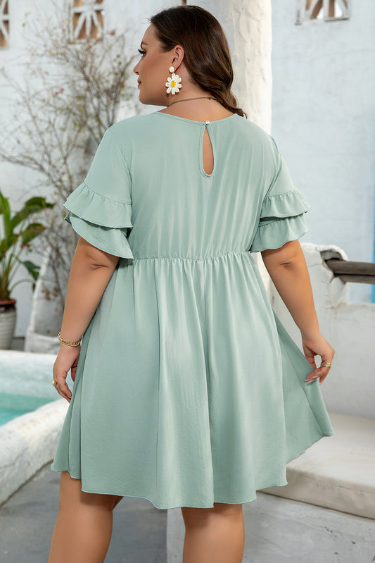 Sage Ruffle Trim Curvy Size Flared Mini Dress