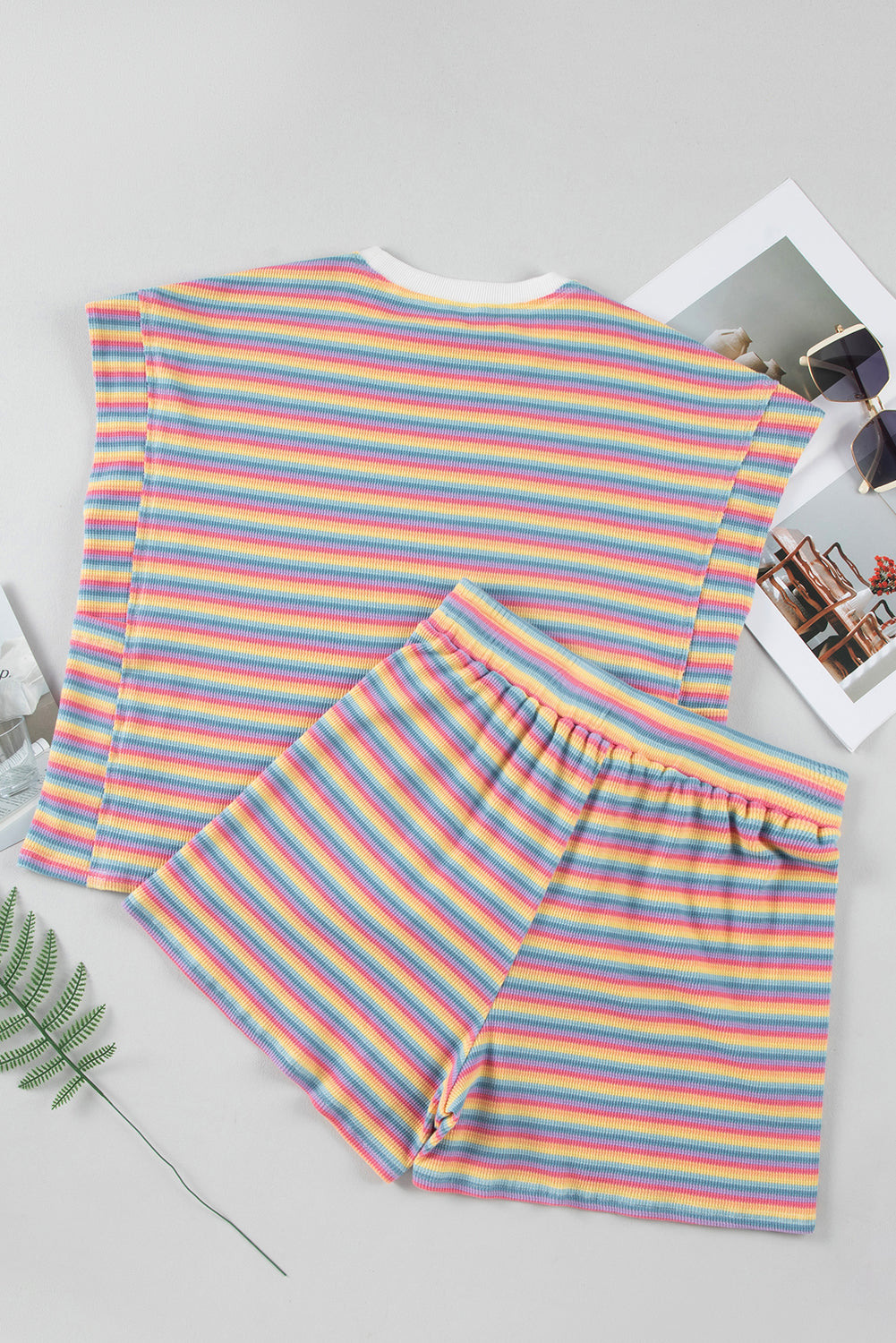 Pink Striped Crew Neck Tee and Tasseled Drawstring Shorts Set