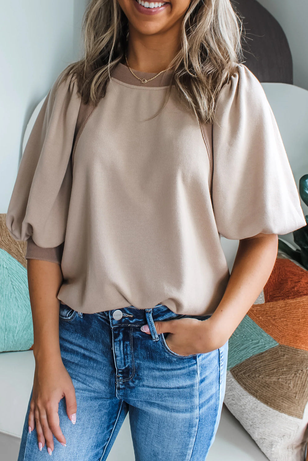 Beige Goat Half Lantern Sleeve Top