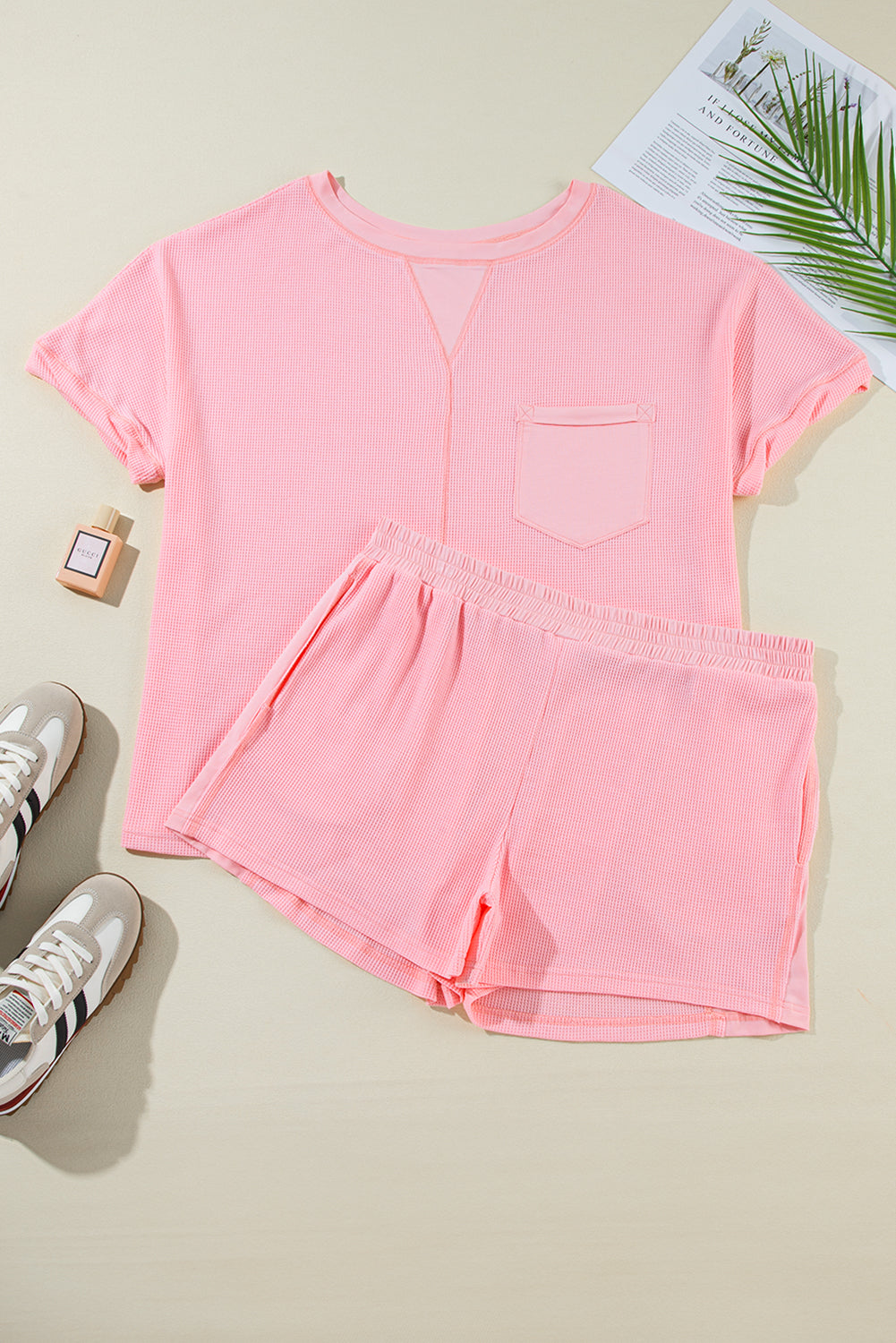 Pink Curvy Size Ribbed Exposed Seam Tee and Shorts Set