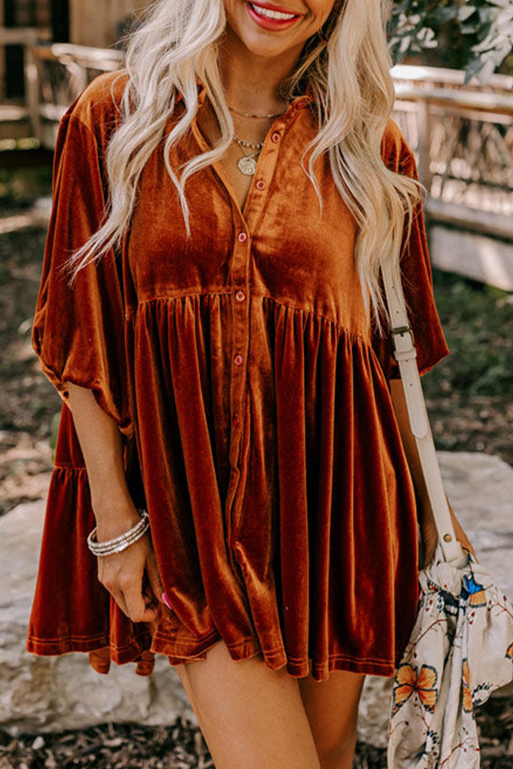 Khaki Velvet Tunic Babydoll Blouse