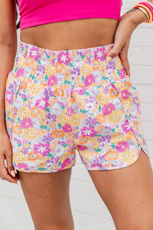 Boho Floral Shirred High Waist Casual Shorts