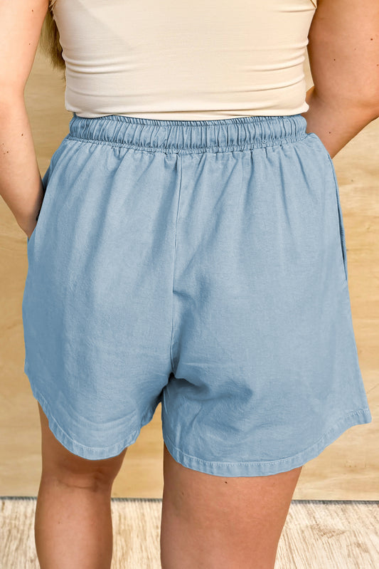 Blue Washed Chambray Drawstring Elastic Waist Curvy Size Shorts