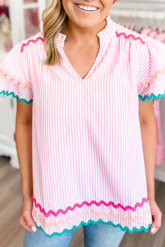 Pink Striped Ricrac Trim Ruffled Sleeve Blouse